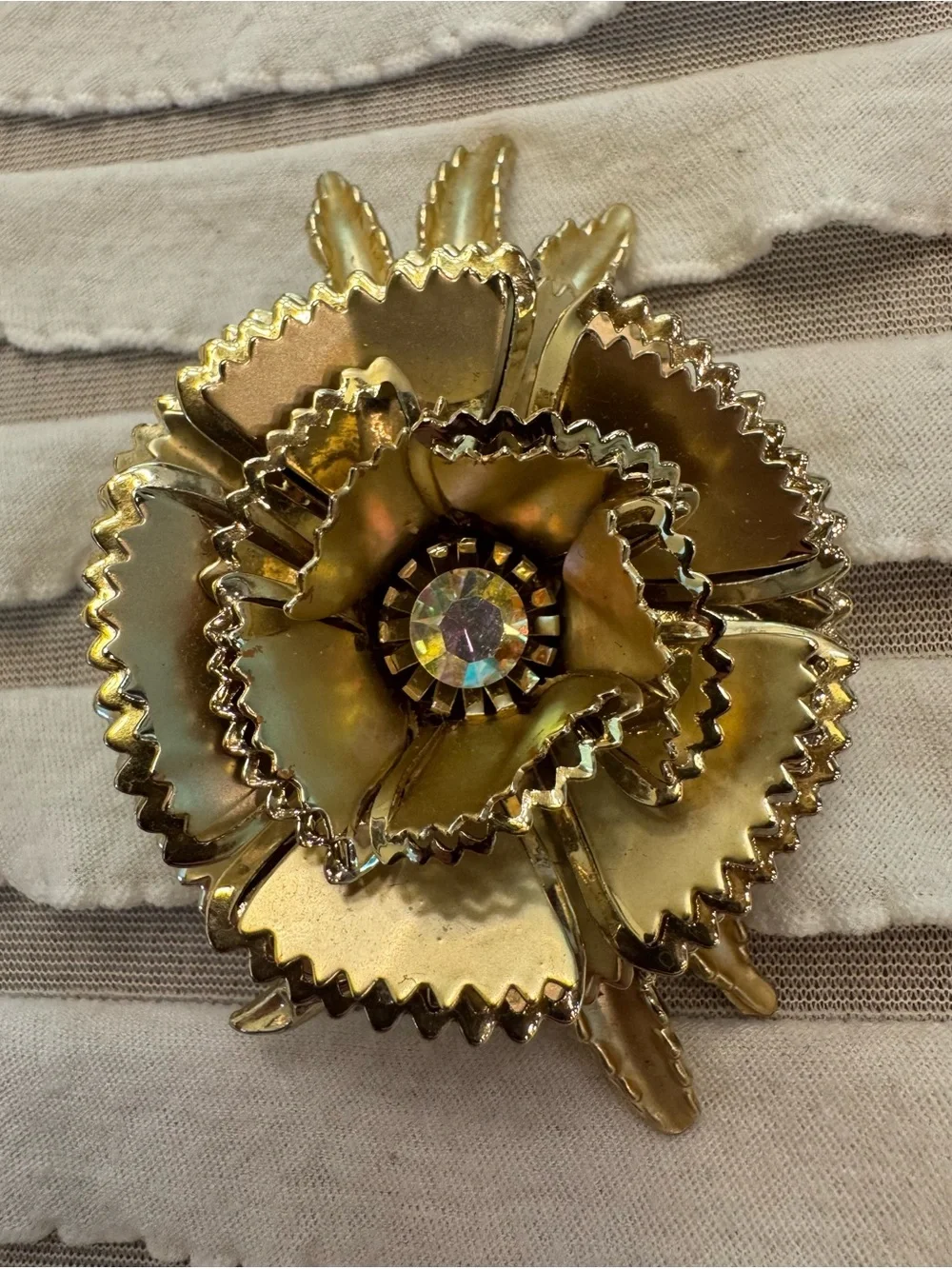 Large Vintage 50s Gold Tone Layered Floral Carnation Brooch Pin Aurora Borealis